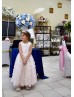 Blush Pink 3D Floral Petal Satin Flower Girl Dress